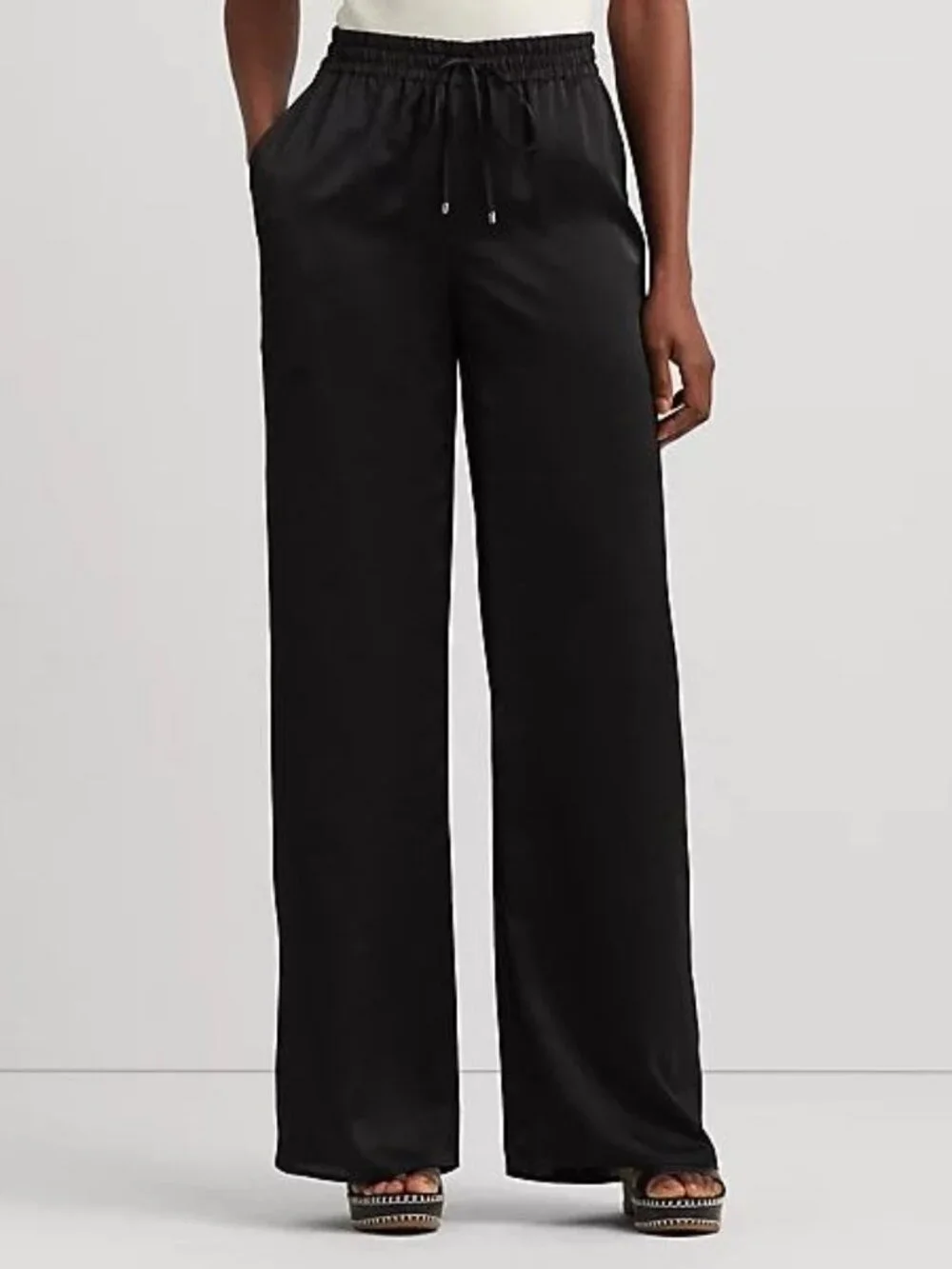 $165 Lauren Ralph Lauren Satin Charmeuse Wide-Leg Pant Black Size M - Picture 2 of 11